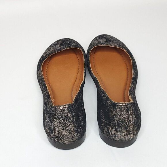 Frye Suede Carson Ballet Flats 7.5 Black Metallic Silver Tone Distressing - Picture 4 of 8